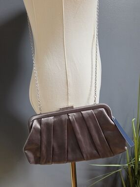 Satin Pleated Evening Clutch Bag with Removable Chain Strap  - Dark Silver/gray
